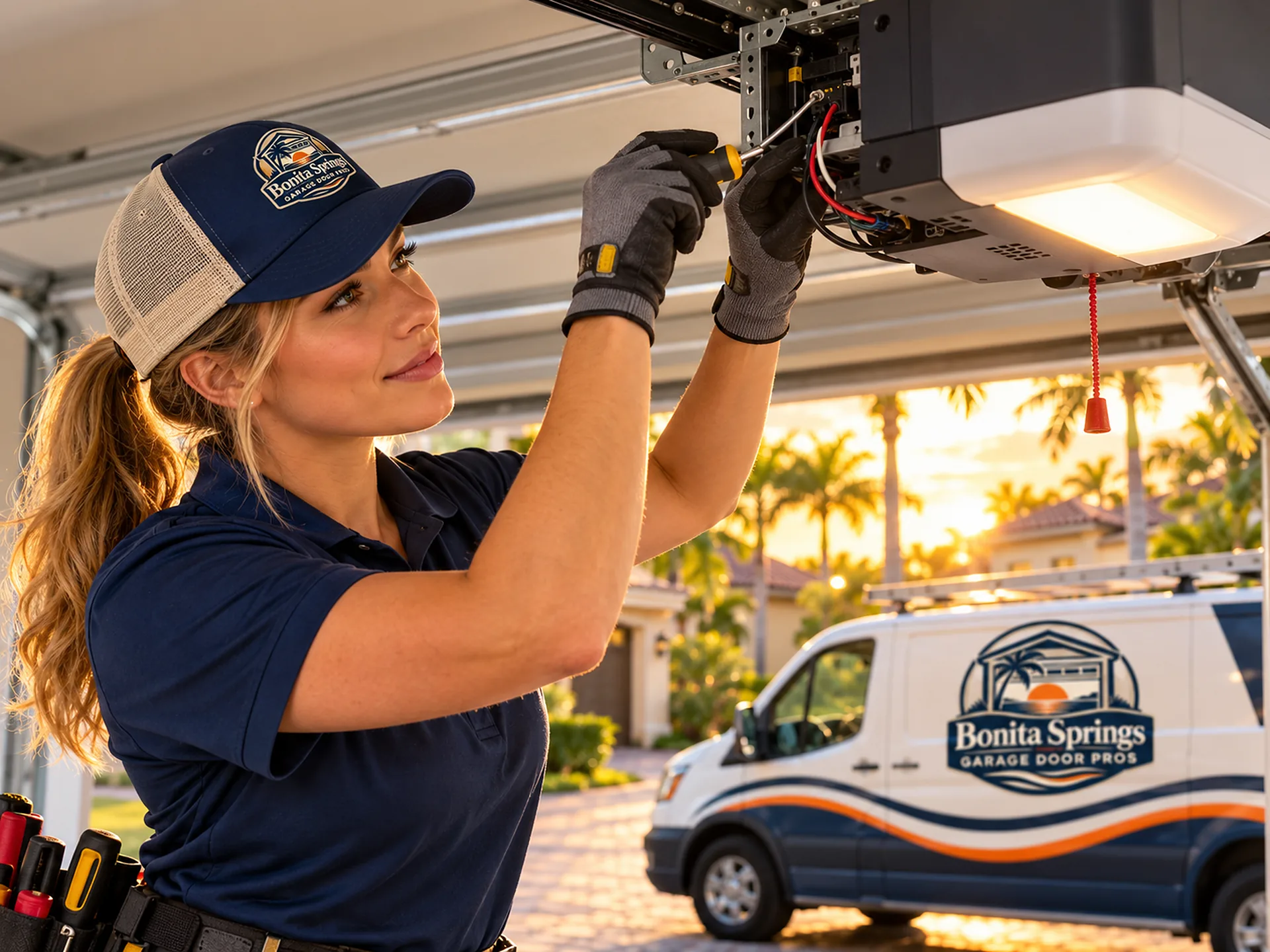 Technician wiring a garage door opener mounted on the ceiling