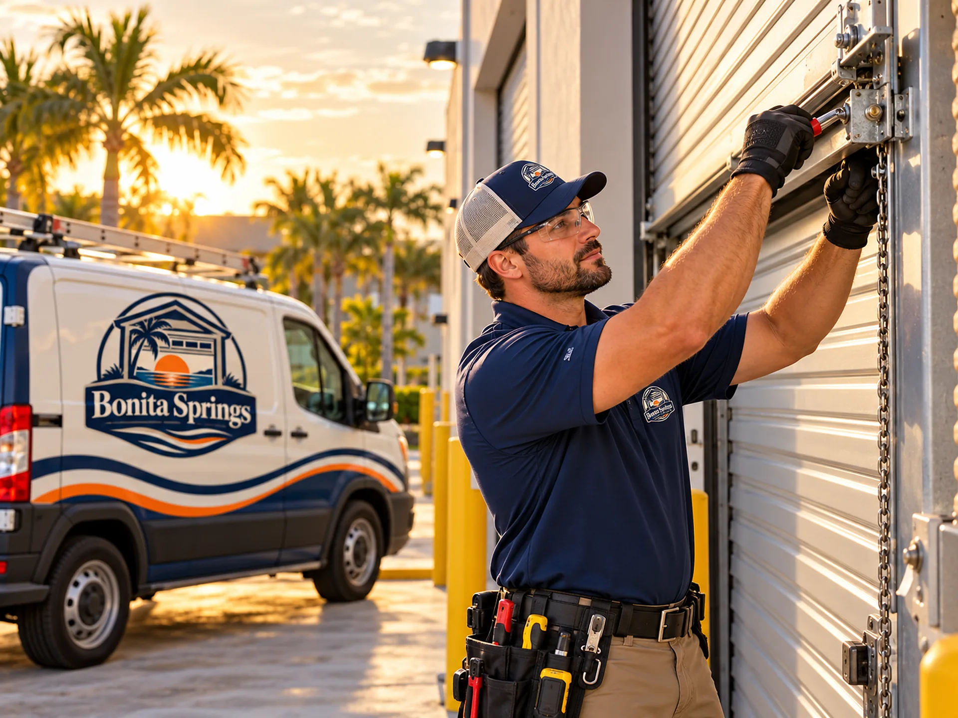 Technician tightening hardware on a door track with a wrench
