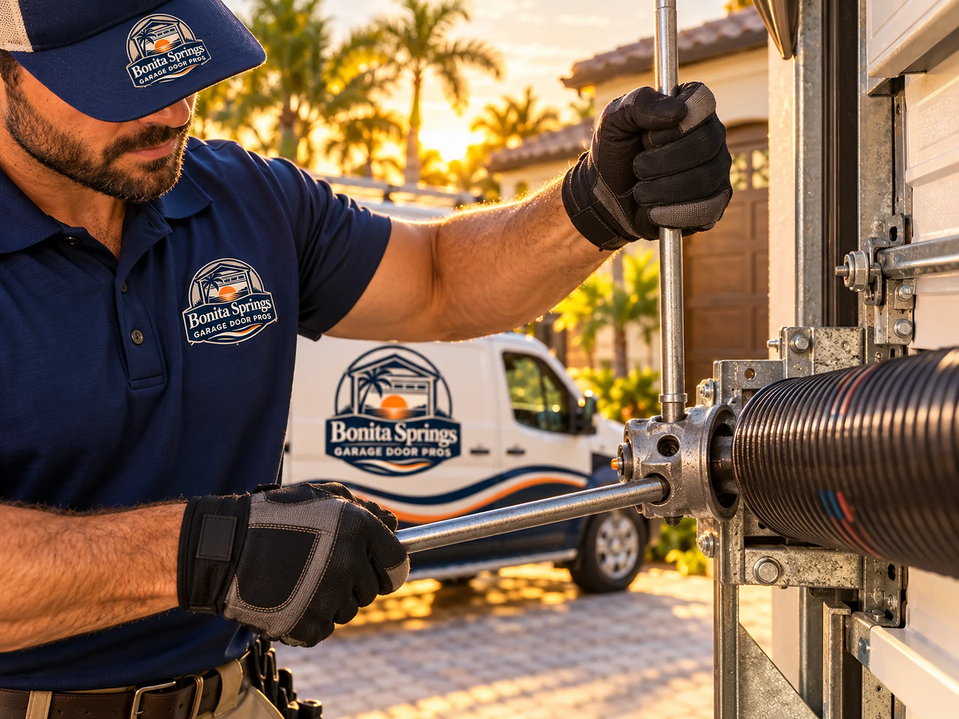 Technician turning a winding bar on a garage door torsion spring